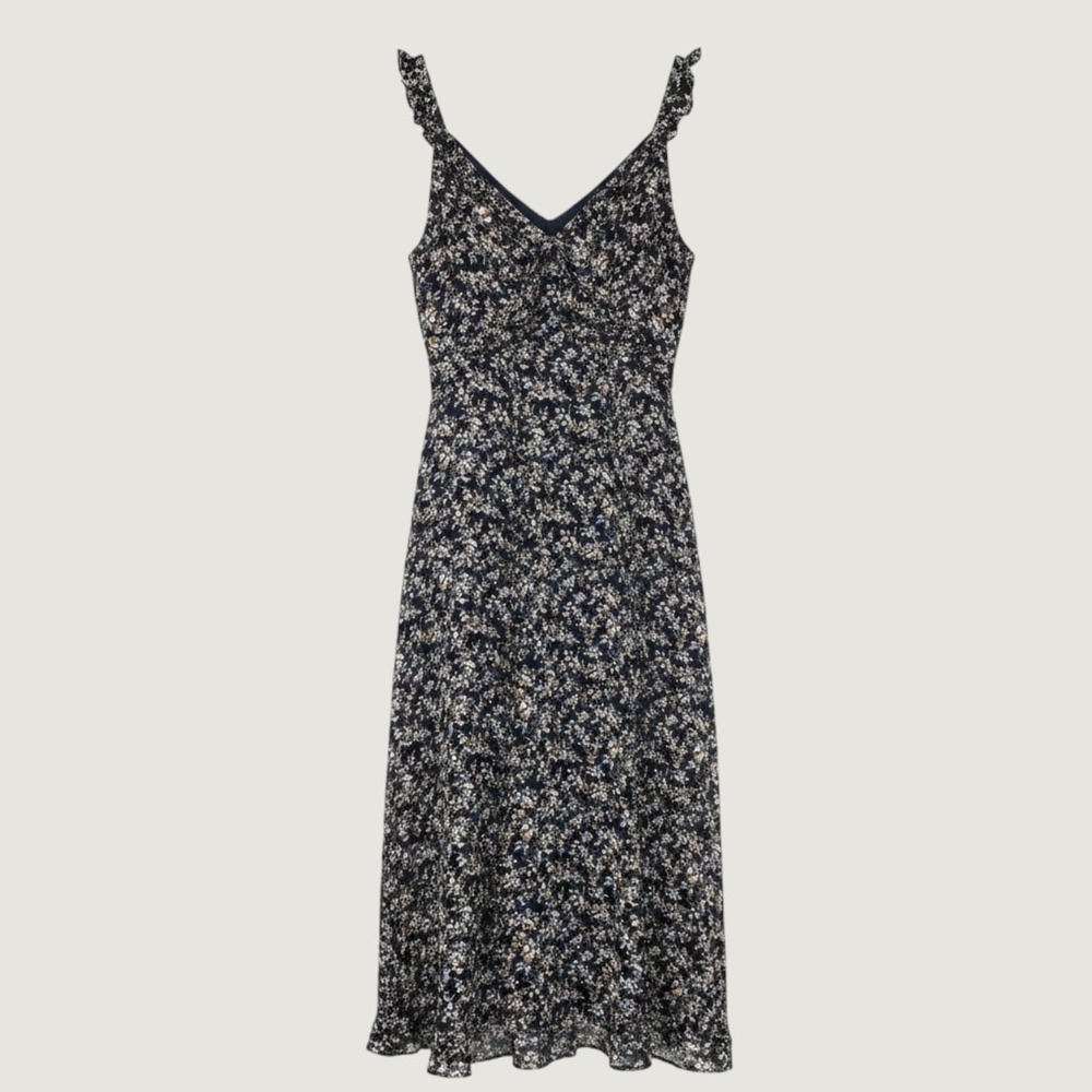 Bailey 44 Floral Midi Dress Women 8 Black Blue V-Neck Ruffle‎ Wedding Guest